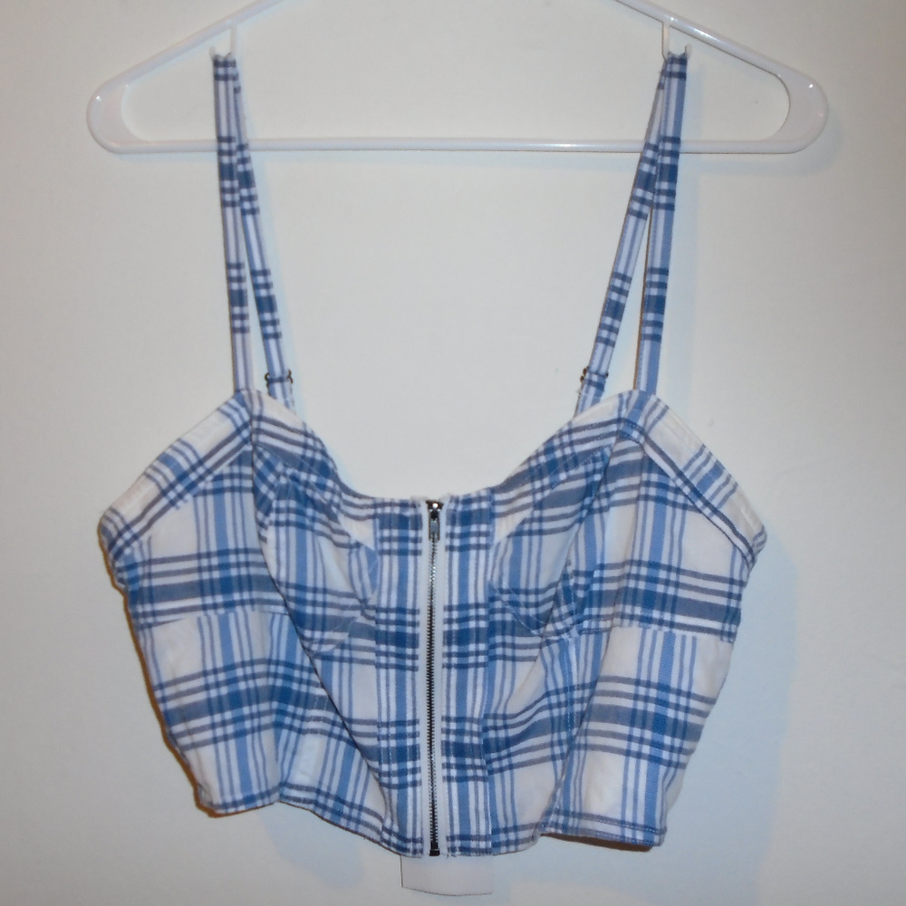 UO Alice Blue & White Zip Up Crop Top